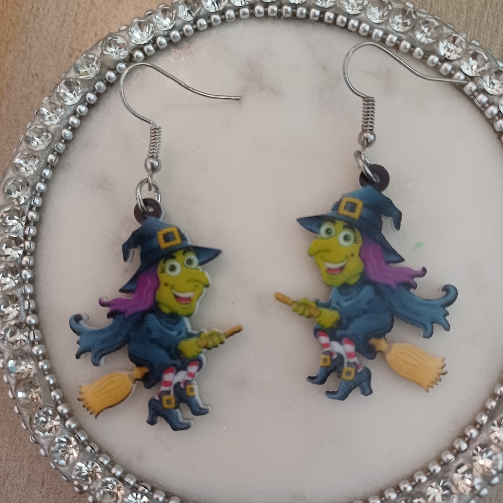 Green Cartoon Flying Witch Drop Dangle Earrings